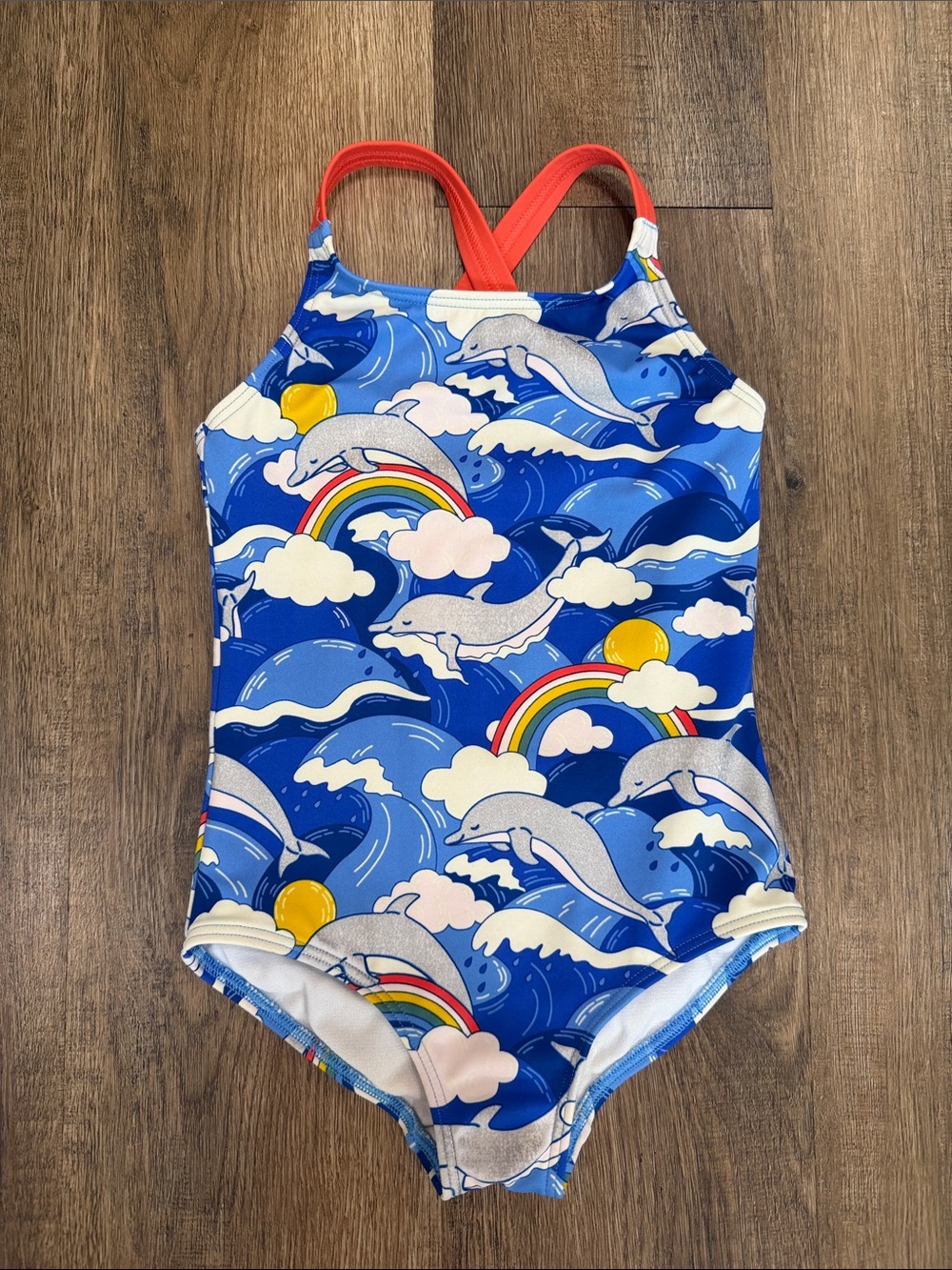 Mini Boden,Kids Blue Dolphin & Rainbow One-Piece Swimsuit
